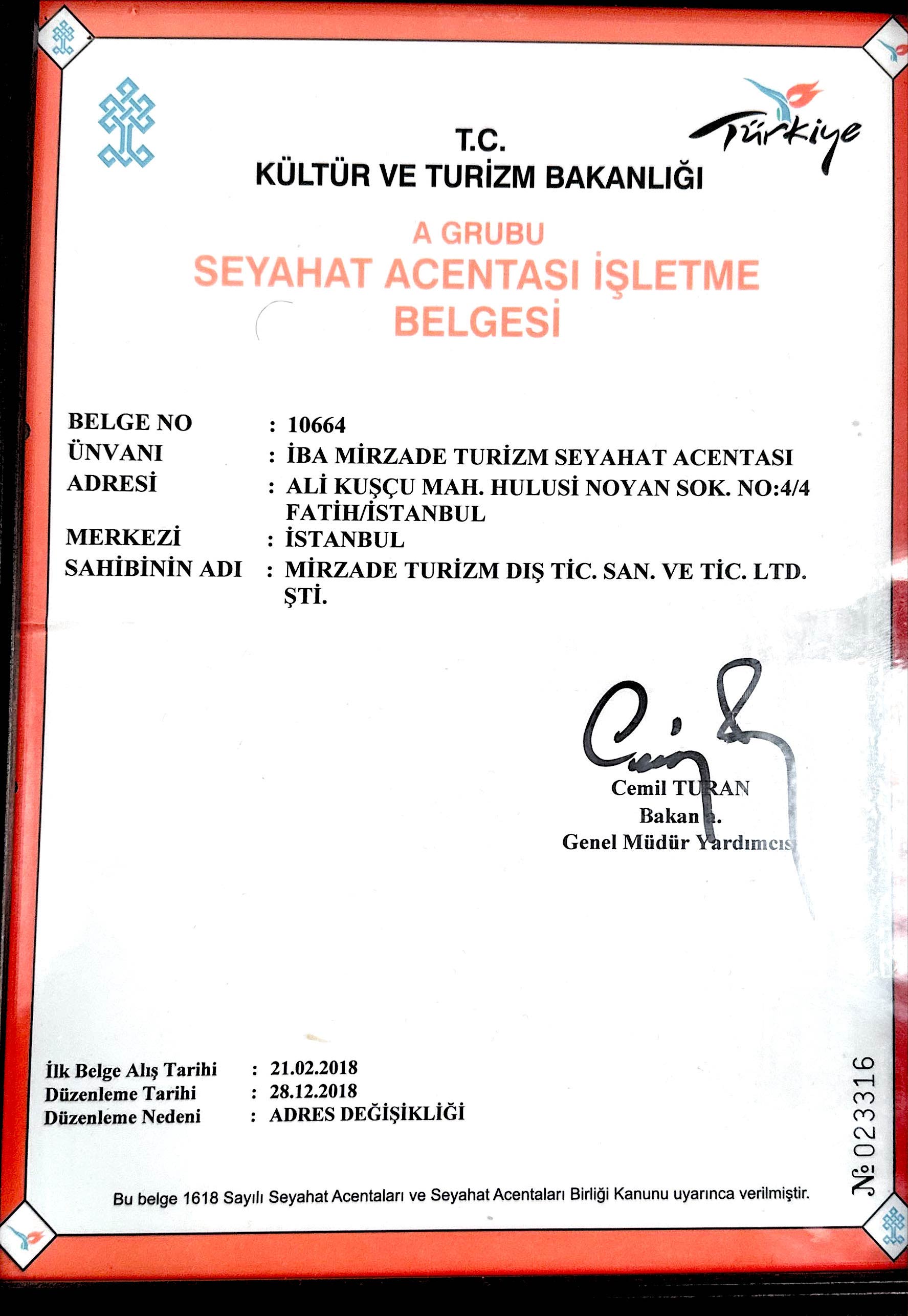 Kültür ve Turizm Bakanlığı İzin Belgesi